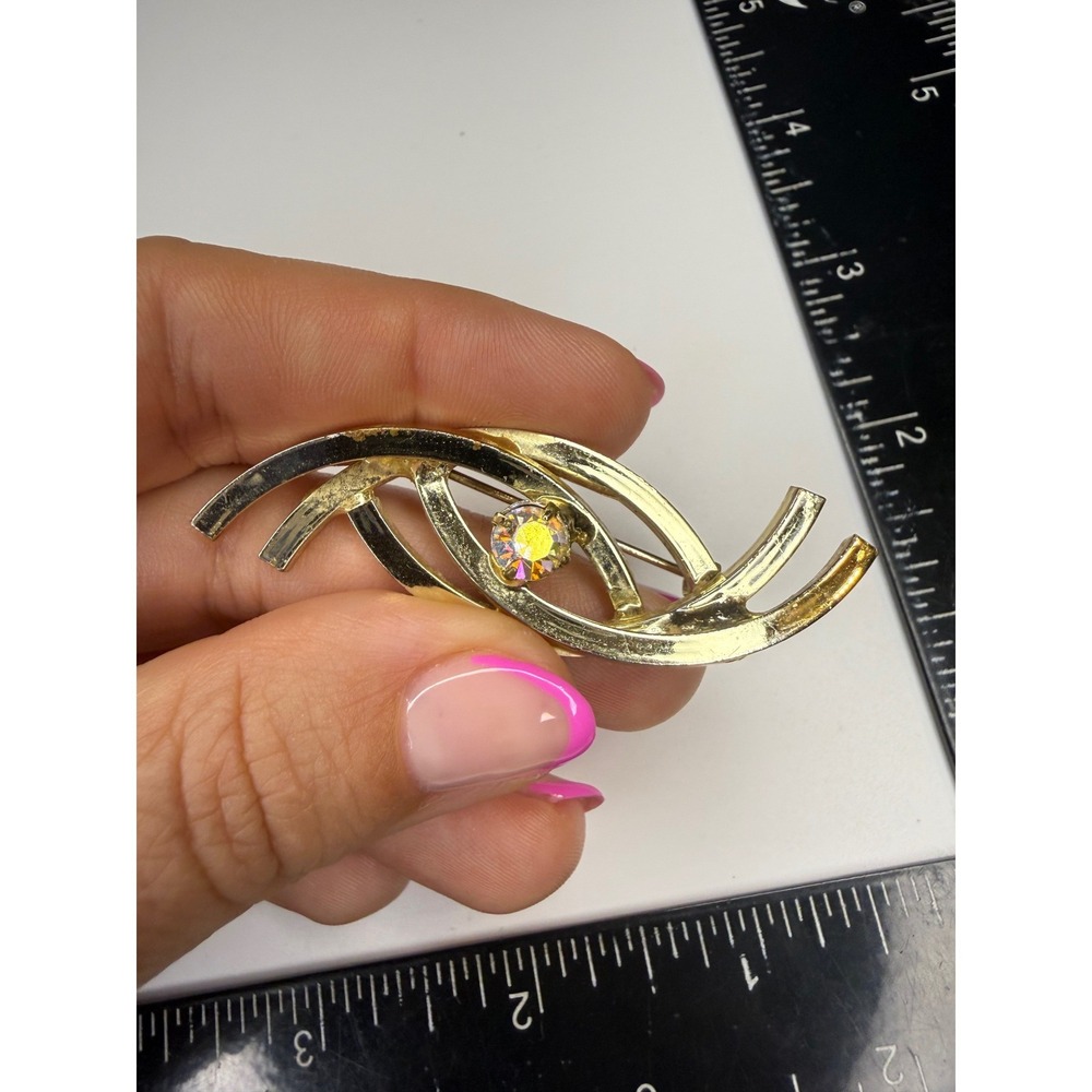 Gold Tone Aurora Borealis Rhinestone Abstract Eye Brooch Mid Century Modern Pin
